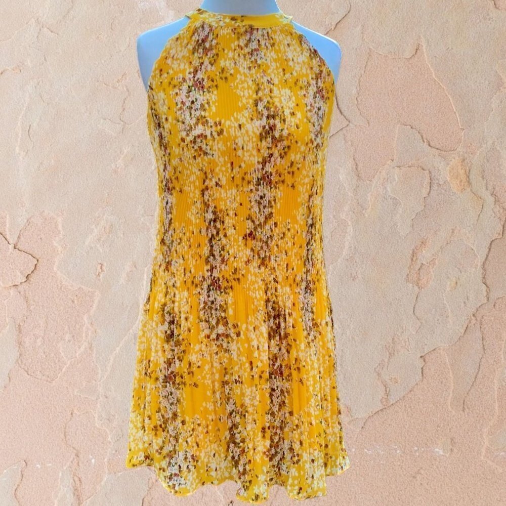 MAISON D’ AMELIE YELLOW SLEEVELESS FLORAL PLEATED LINED STRETCHY DRES NEW XS
